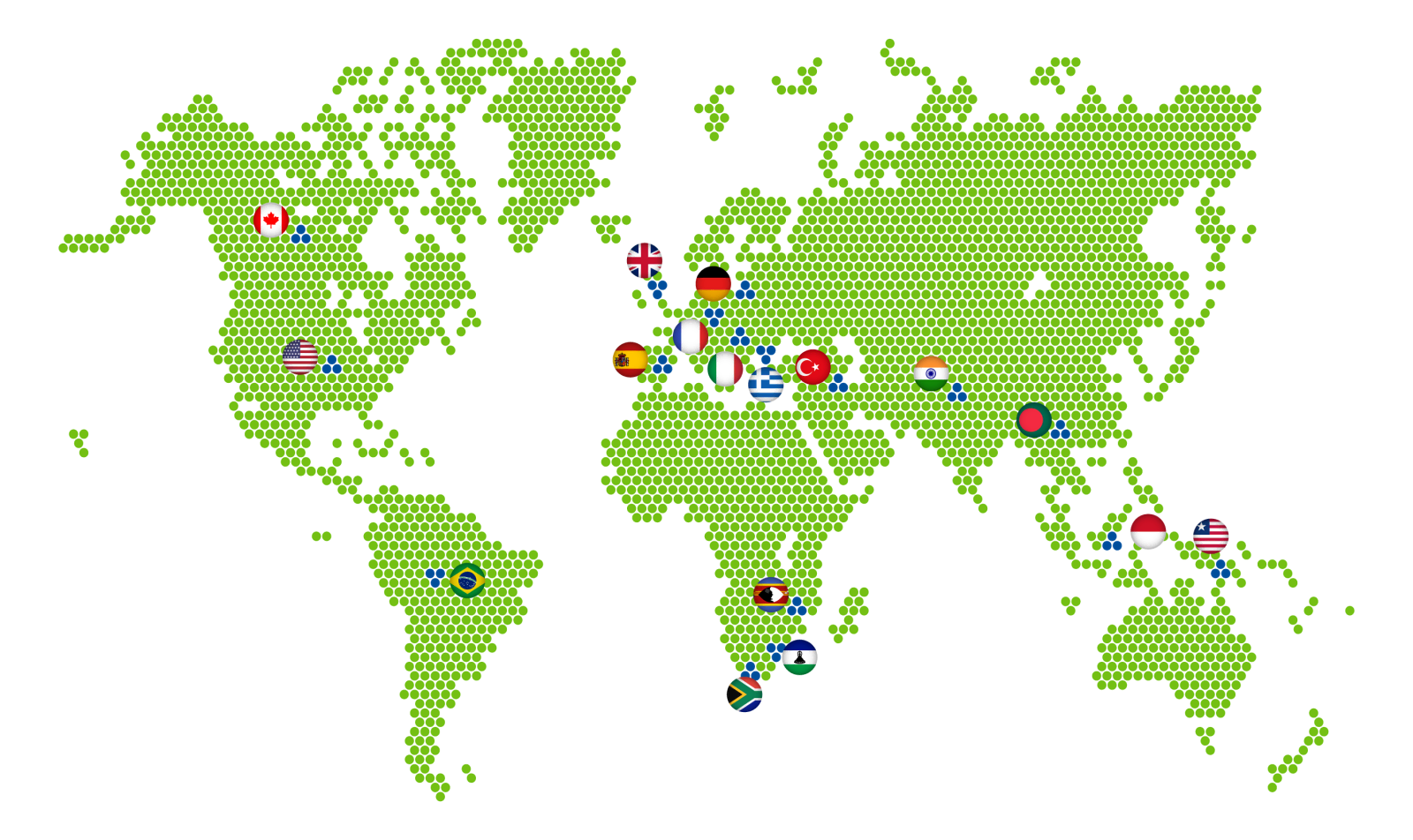A green dotted MC Pharma world map with various countries on it